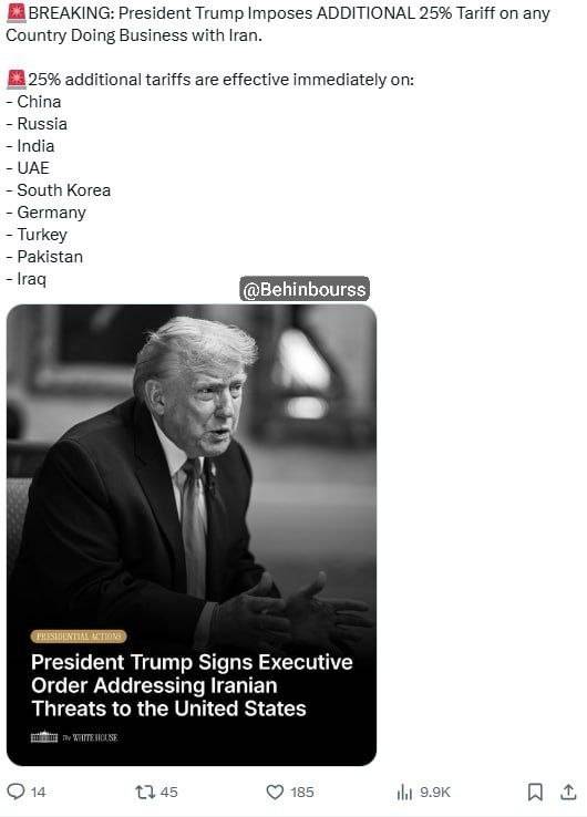 تعرفه 25 درصدی بر 9 کشور